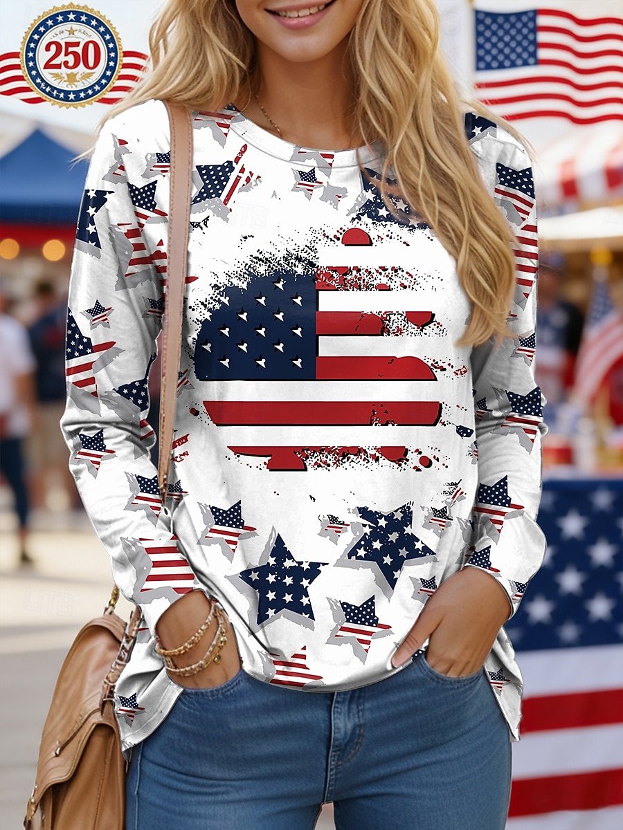 Crew Neck America Flag Loose Casual T-Shirt
