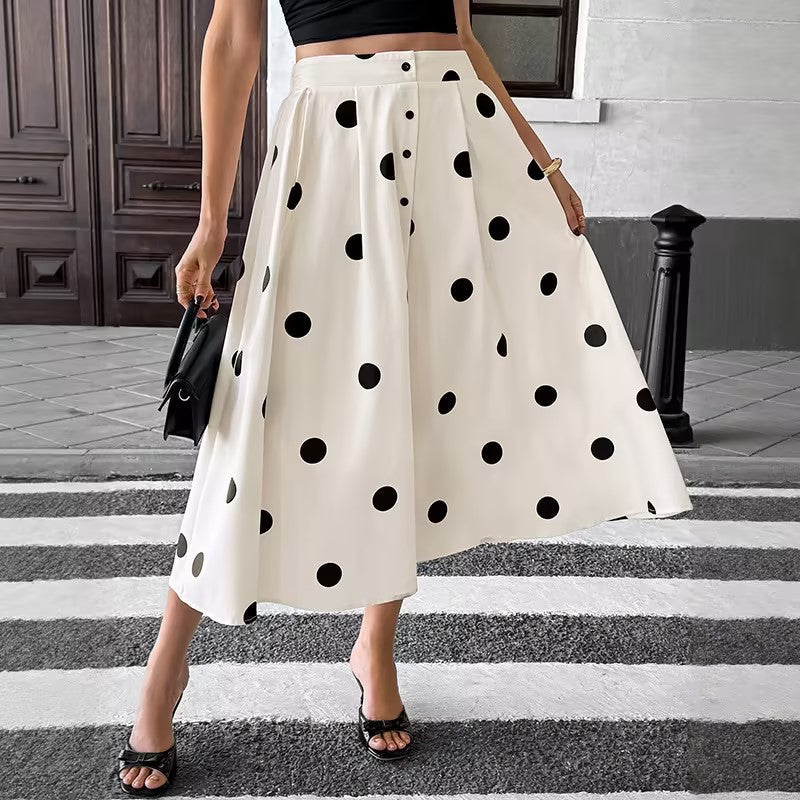 White Polka Dot Elastic Waist A-Line Skirt | Retro Elegant Boutique Skirt