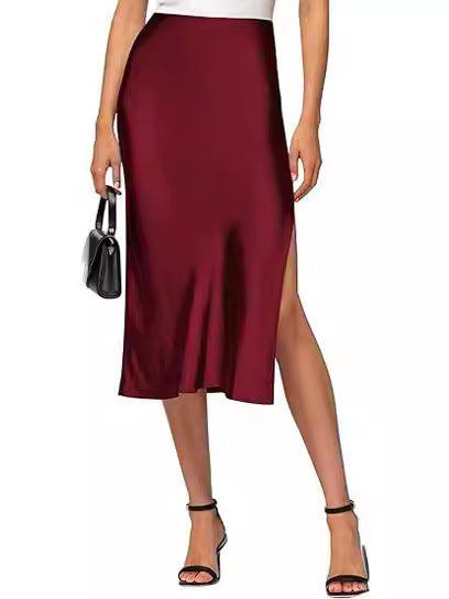 Satin High-Waist Slit Pencil Skirt | Elegant Formal Evening Skirt