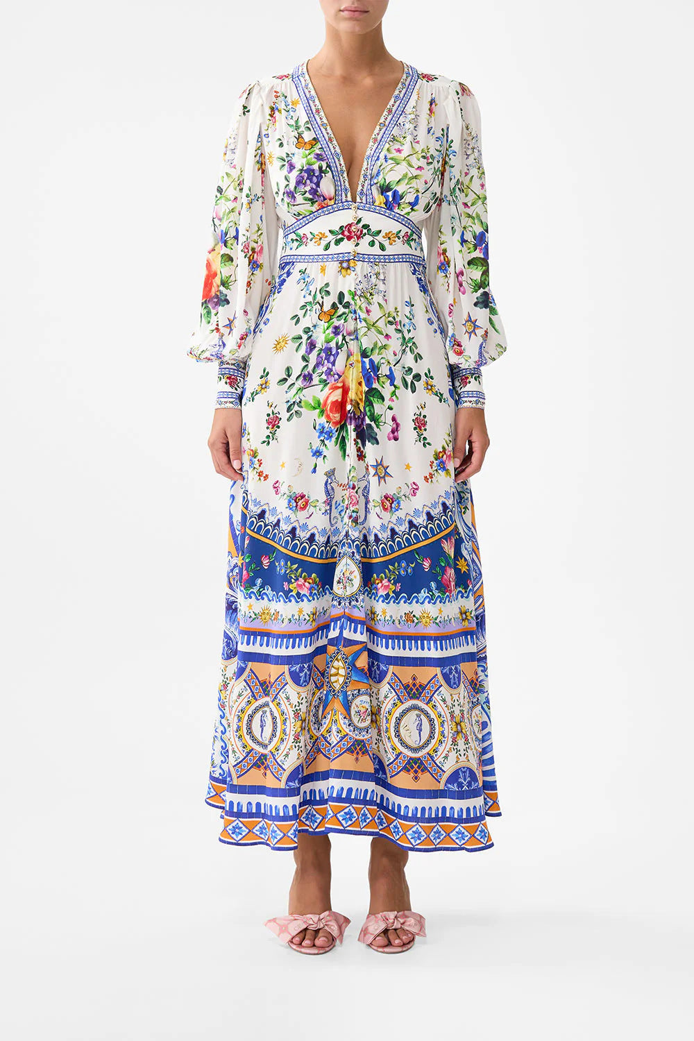Printed V-Neck Puff Sleeve Belted Dress | Elegant Casual Midi Dress