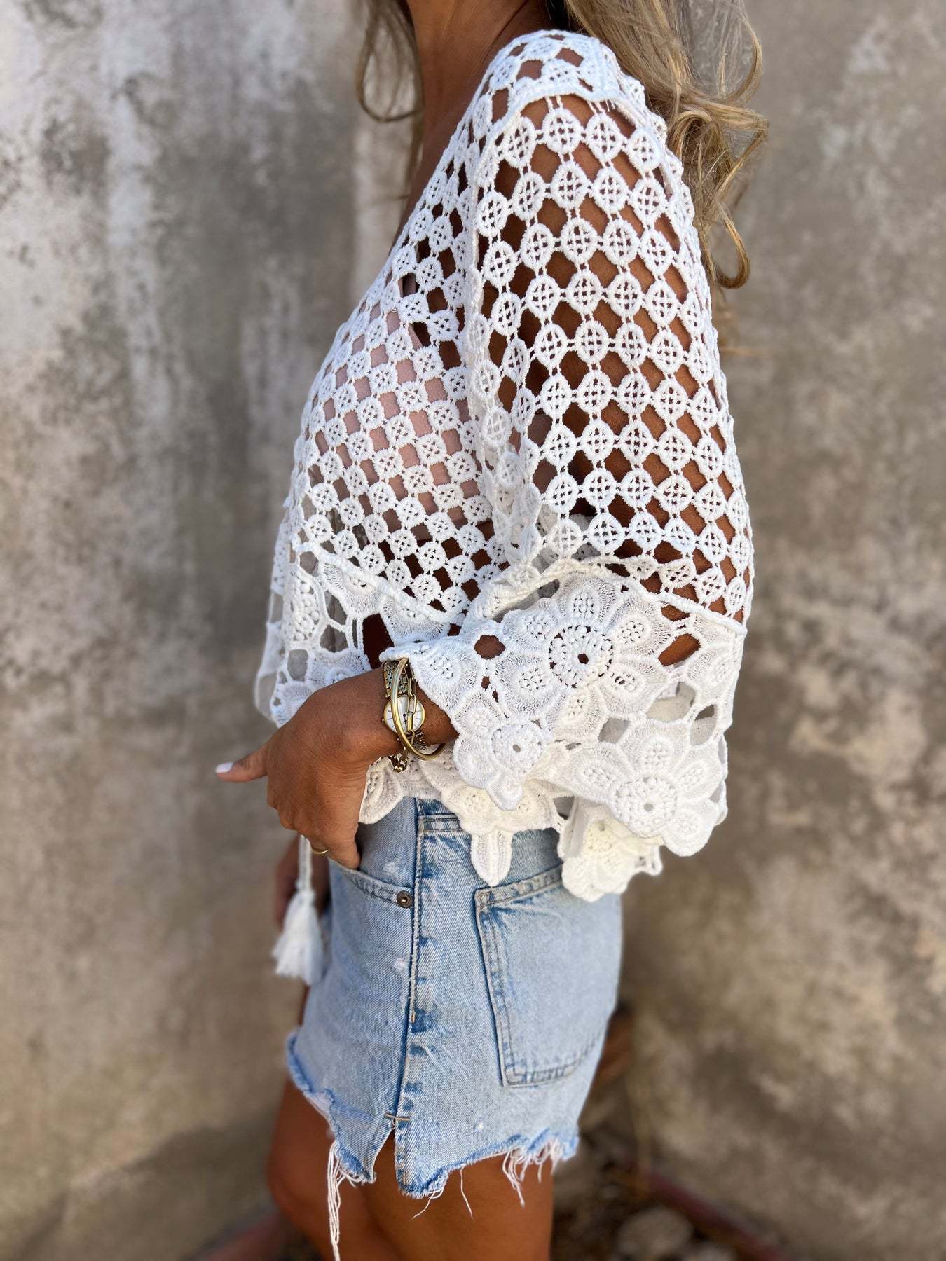 Hollow Crochet Bell Sleeve Knit Cover-Up Top | Tie-Front Cotton Layering Knitwear