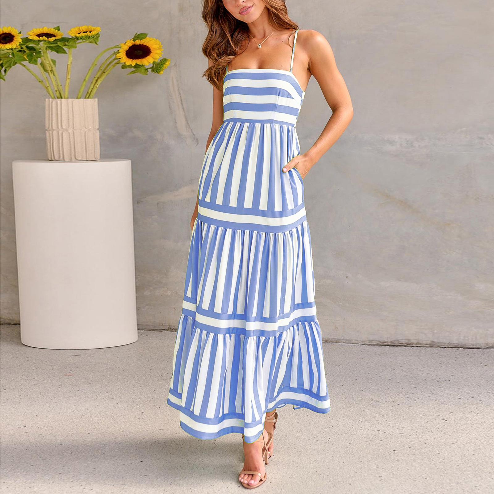 Striped Burnout Bustier Maxi Dress with Adjustable Straps