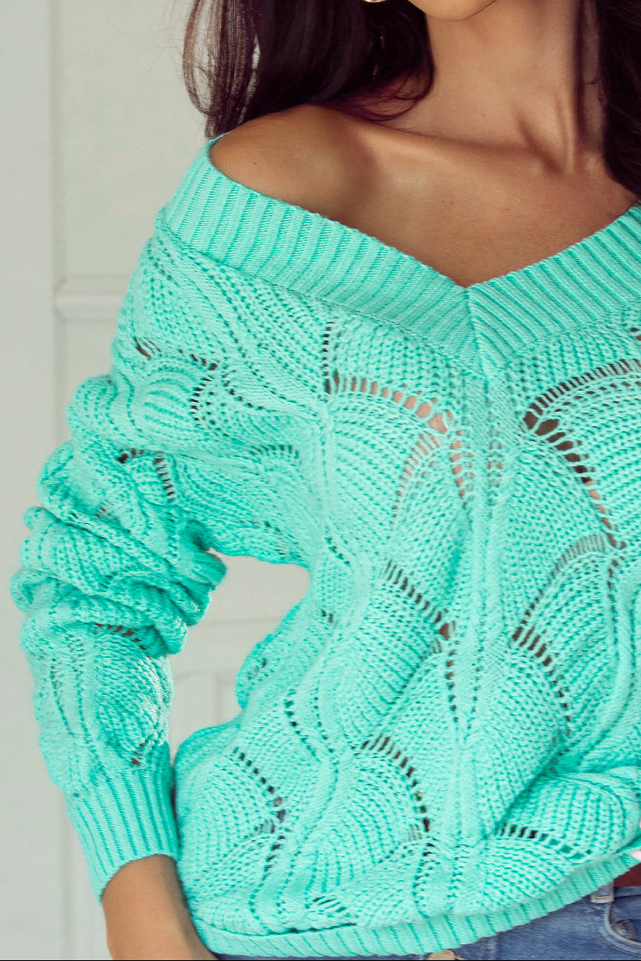 Mint Green Hollow Out Knit V Neck Drop Shoulder Sweater