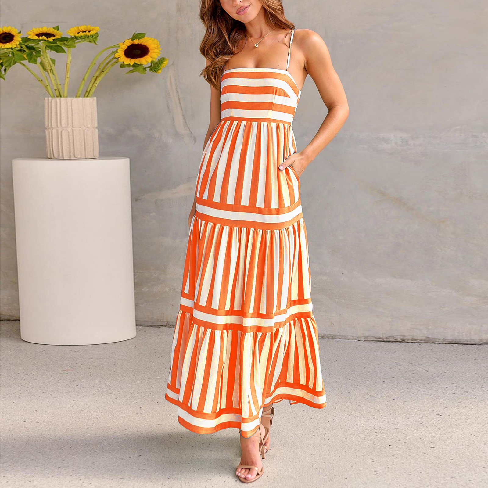 Striped Burnout Bustier Maxi Dress with Adjustable Straps