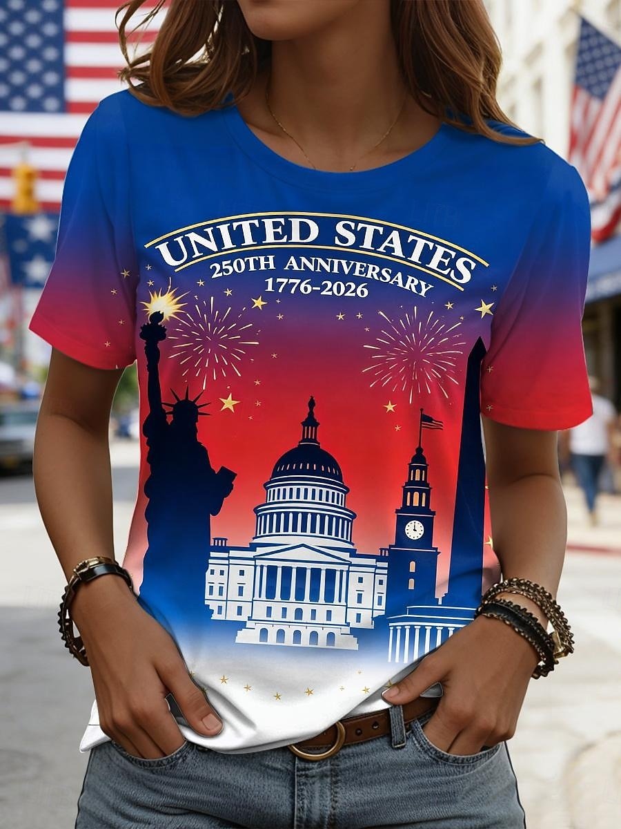 Casual Loose Crew Neck America Flag T-Shirt