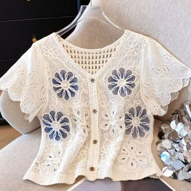 Korean Hollow Jacquard V-Neck Knit Cardigan Top