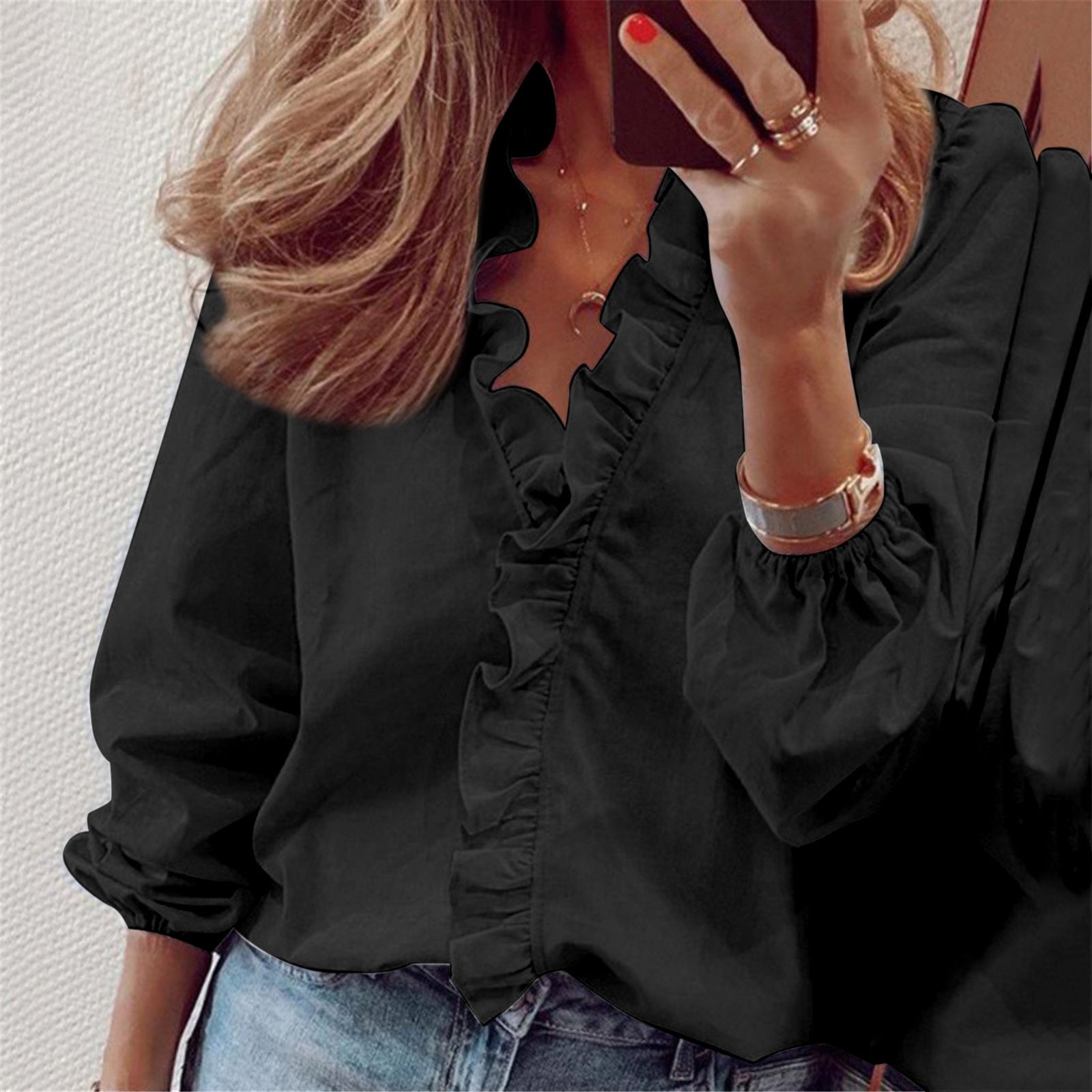 Printed Ruffle Long Sleeve Blouse | Elegant Lantern Sleeve Spring Top