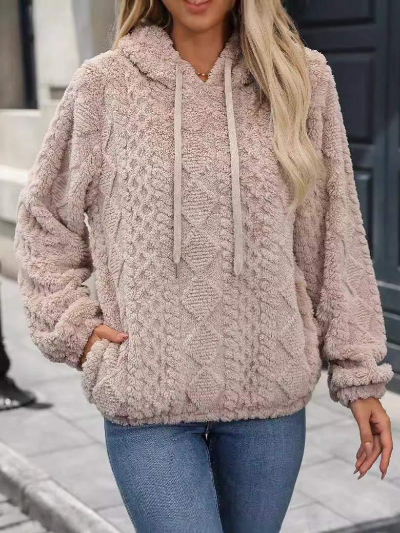 Plush Jacquard Hooded Pullover Sweatshirt | Cozy Loose Fit Casual Hoodie