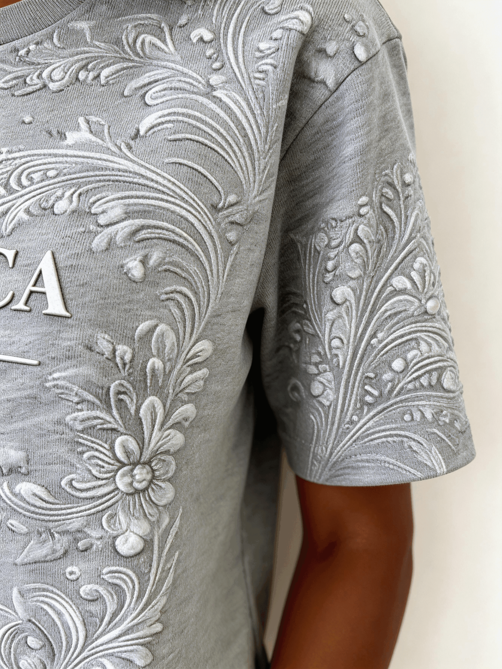 Grey Floral Cotton Casual T-Shirt