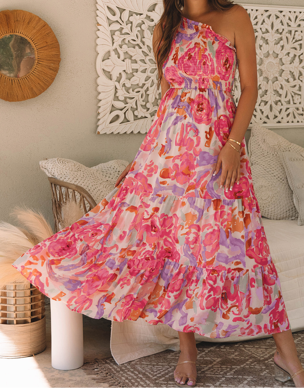 Pink Abstract Floral Print Shirred One Shoulder Maxi Dress