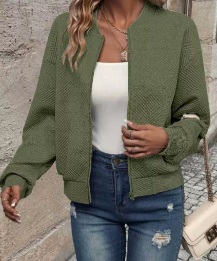 Plaid Zip-Up Round Neck Knit Jacket | Casual Long Sleeve Layering Outerwear