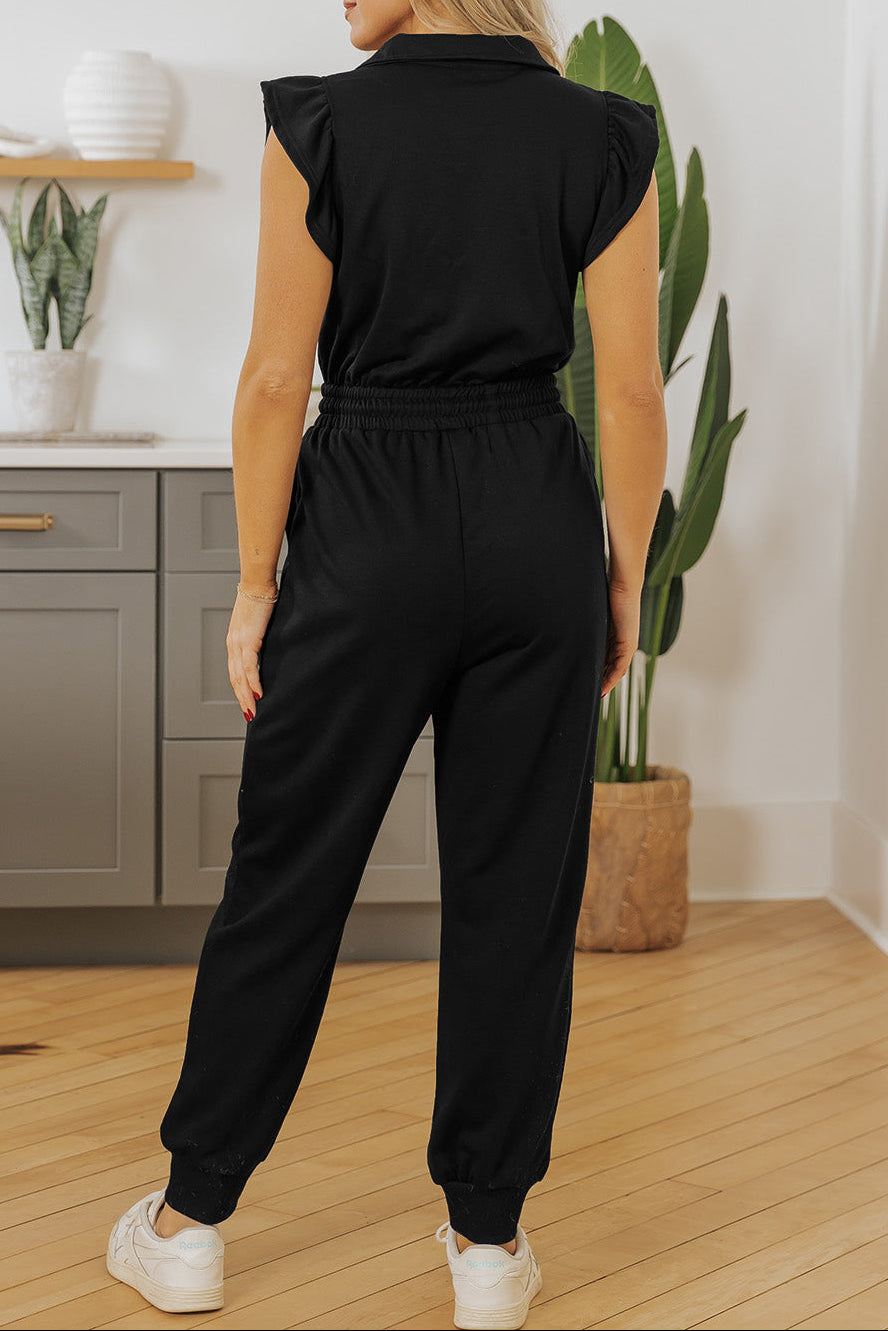 Black Zipper Flutter Sleeve Drawstring Elastic Waistband Jumpsuit