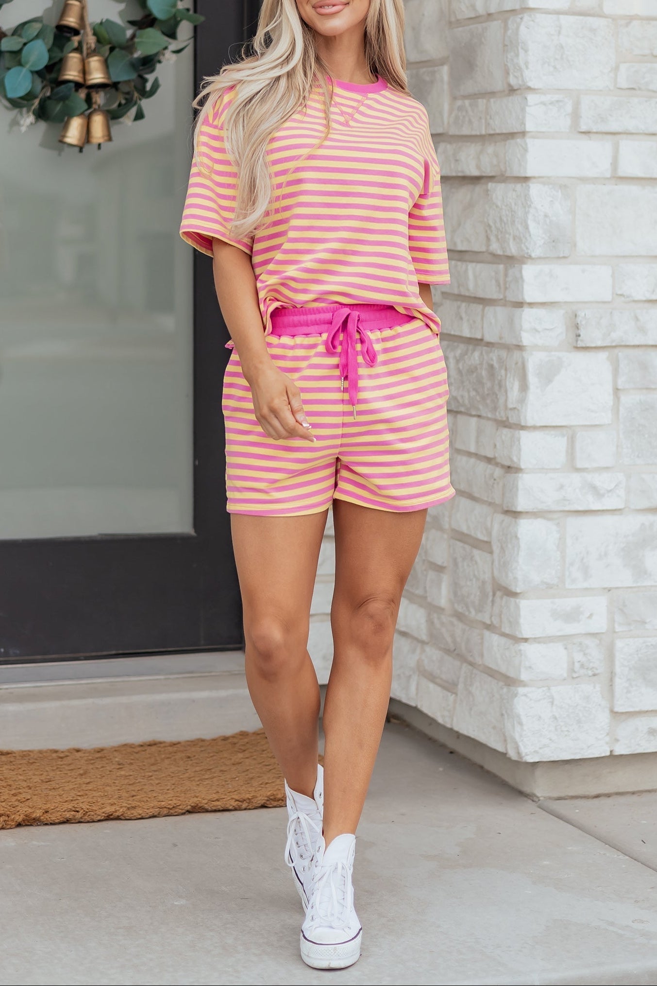 Rose Stripe Drop Shoulder Boxy Casual Terry Short Set