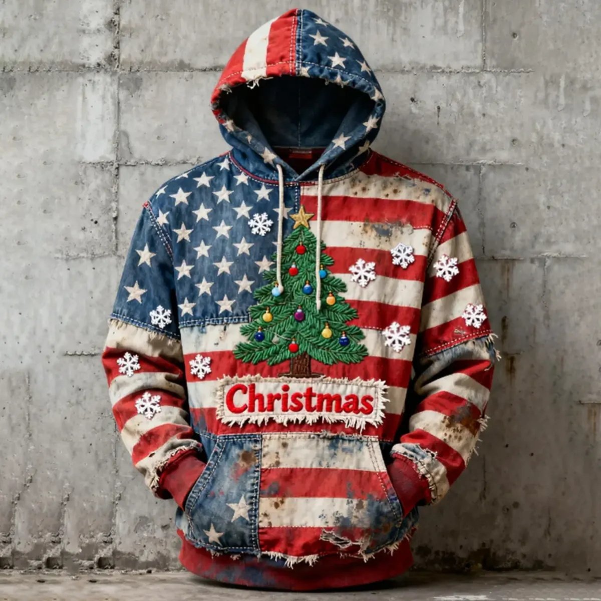 Men's Retro Christmas Distressed American Flag 3D Print Ugly Hoodie