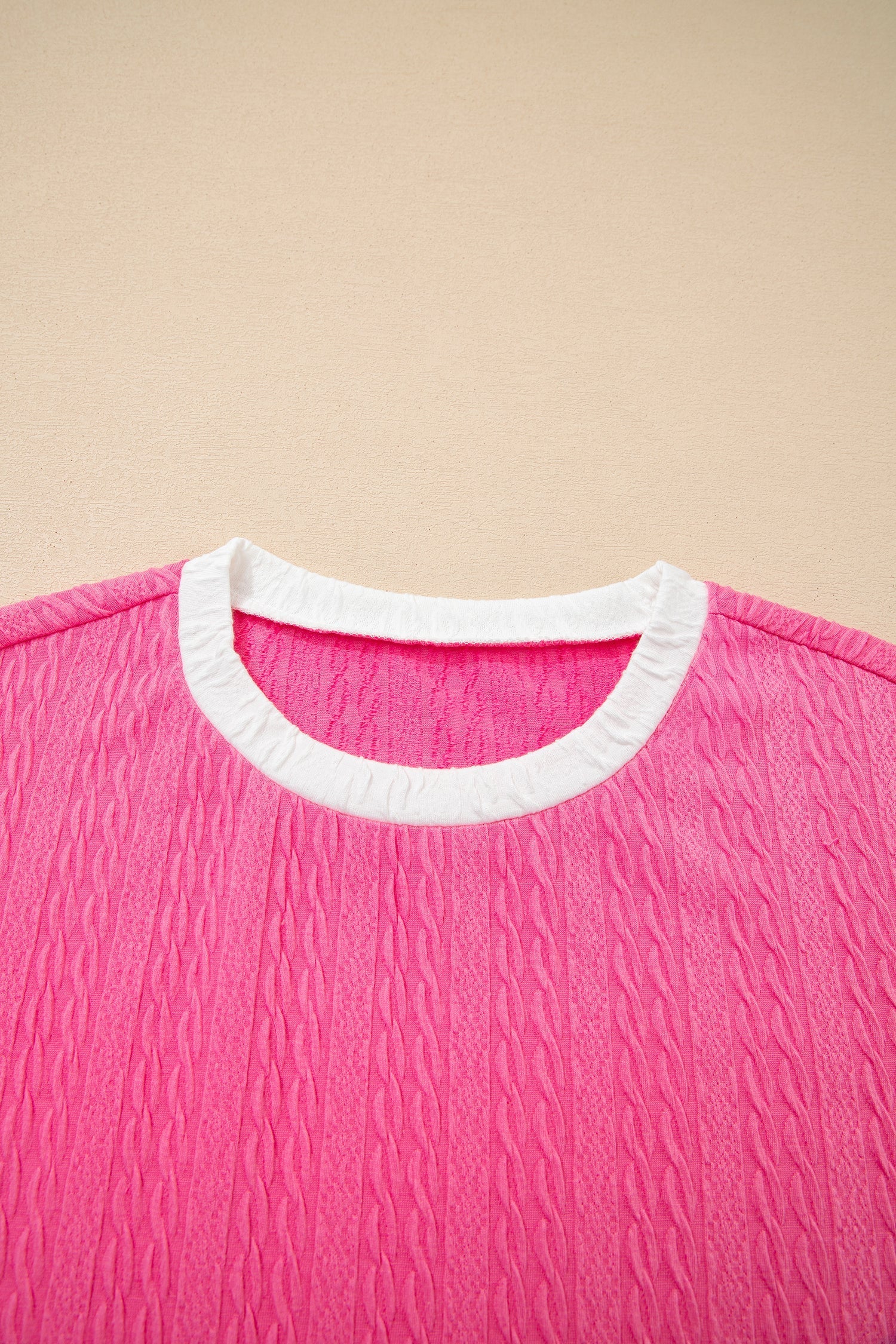 Bright Pink Textured Color Block Trim Loose Tee Drawstring Shorts 2pcs Set
