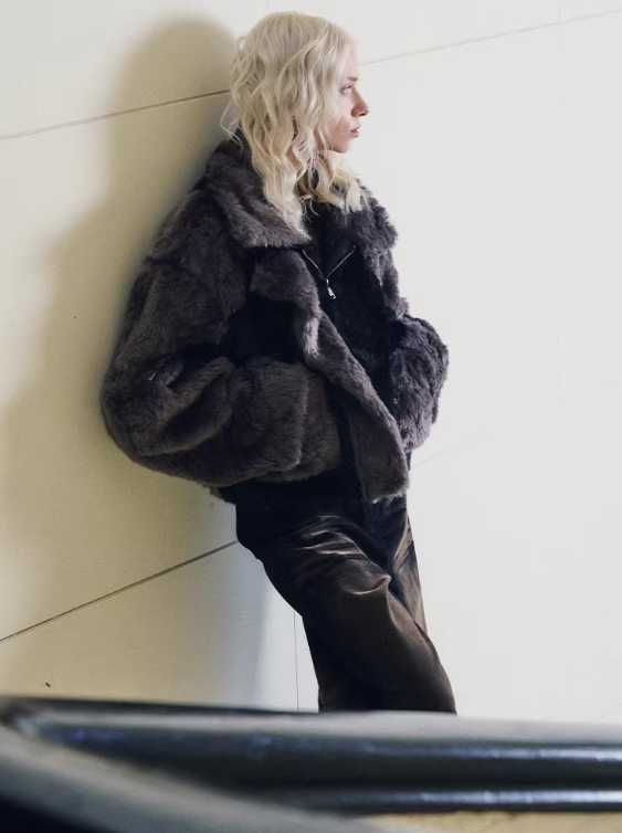 Textured Faux-Mink Cropped Oversized Jacket