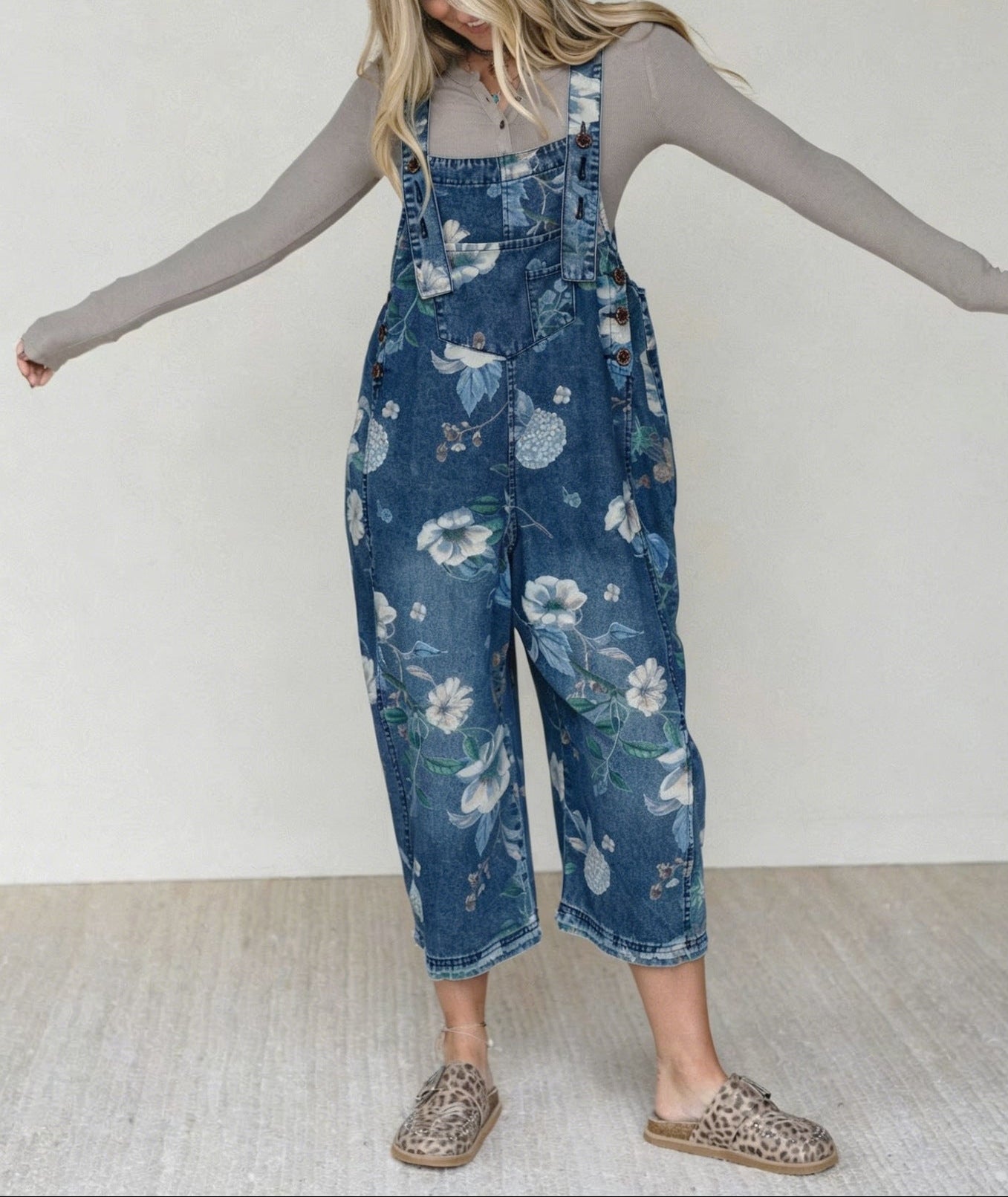 Printed Wide-Leg Denim Jumpsuit | Sleeveless Loose Streetwear One-Piece