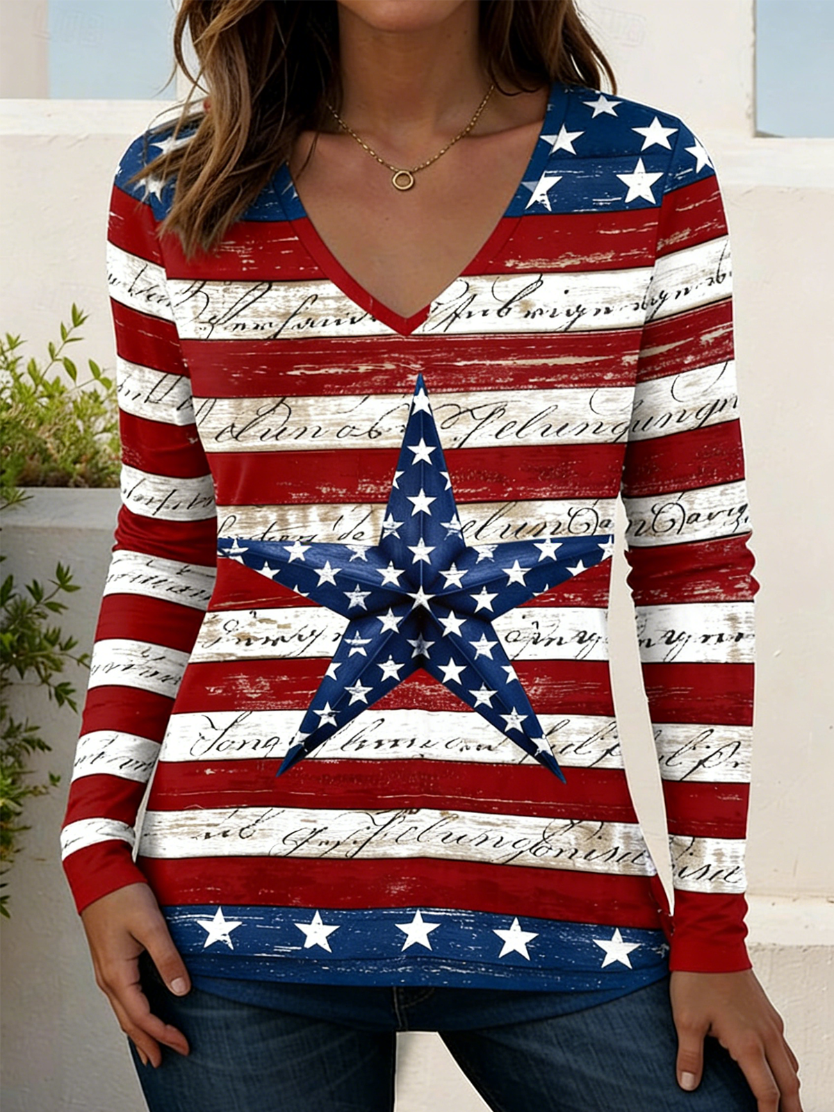 Independence Day Patriotic V-neck Long-sleeved Women's T-shirt