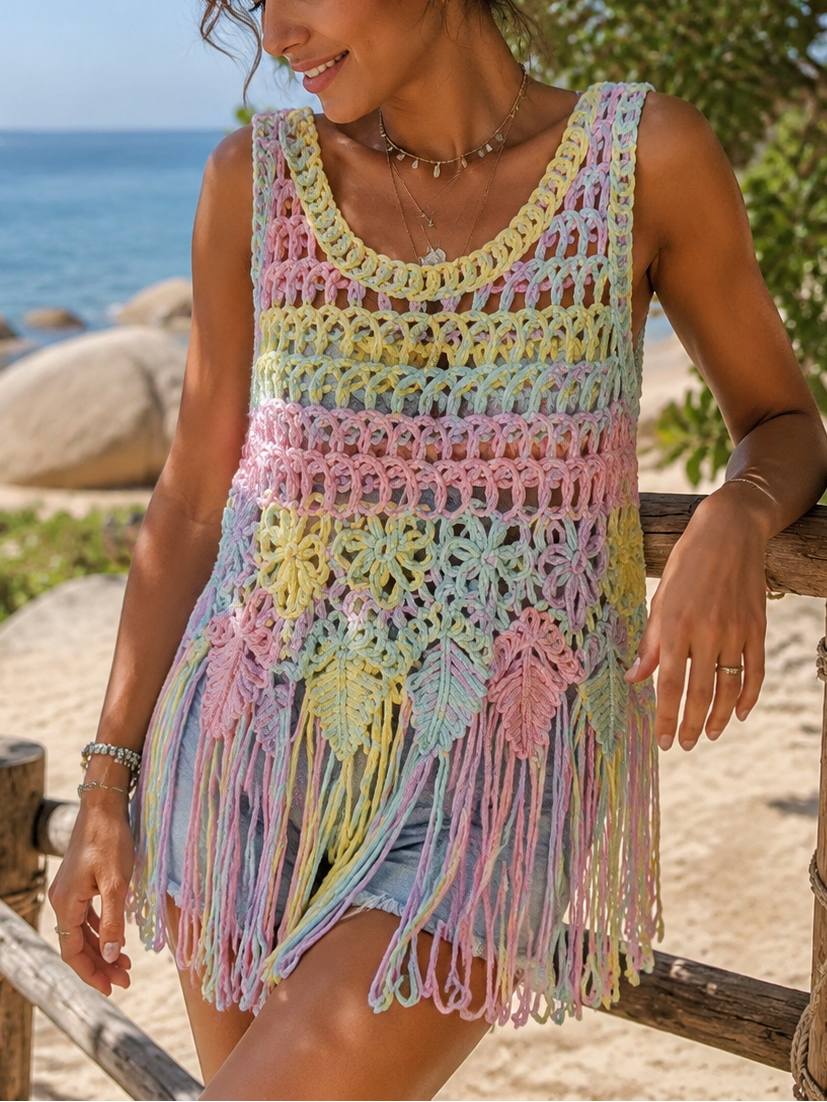 Boho Fringe Woven Sleeveless Cover-Up Top | Cotton Beach Vacation Layering Top