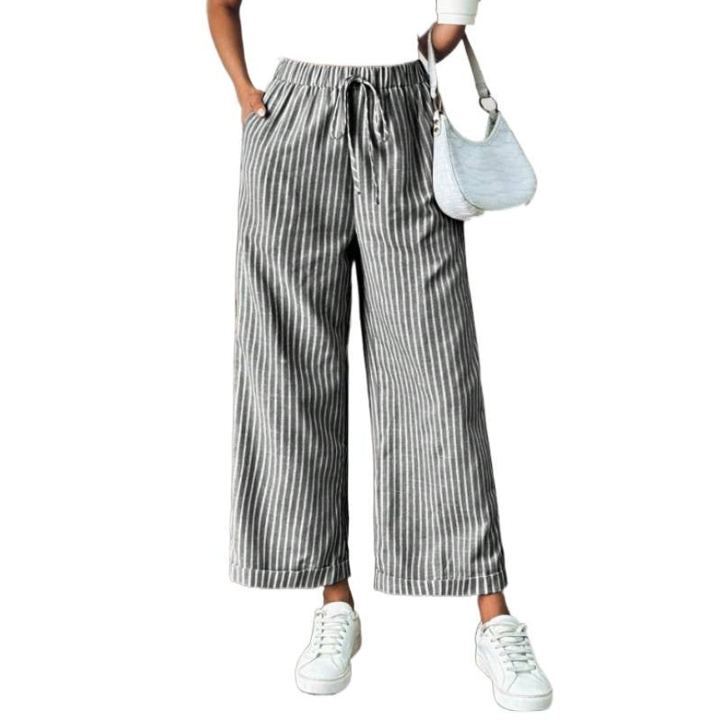 Striped Wide Leg Cropped Pants | Casual Elastic Waist Trousers