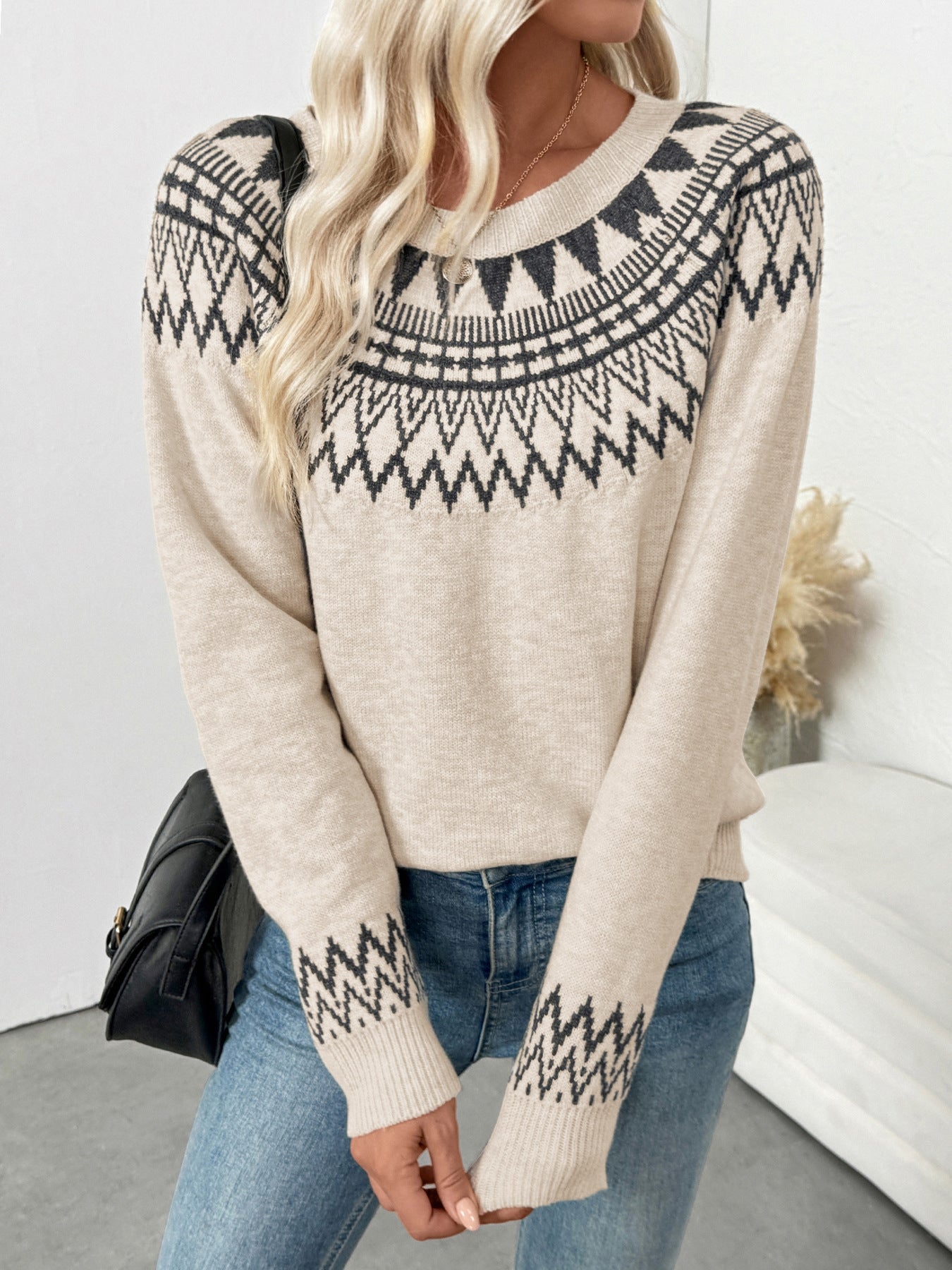 Ethnic-Inspired Round Neck Pullover Knit Sweater | Casual Viscose Boutique Top