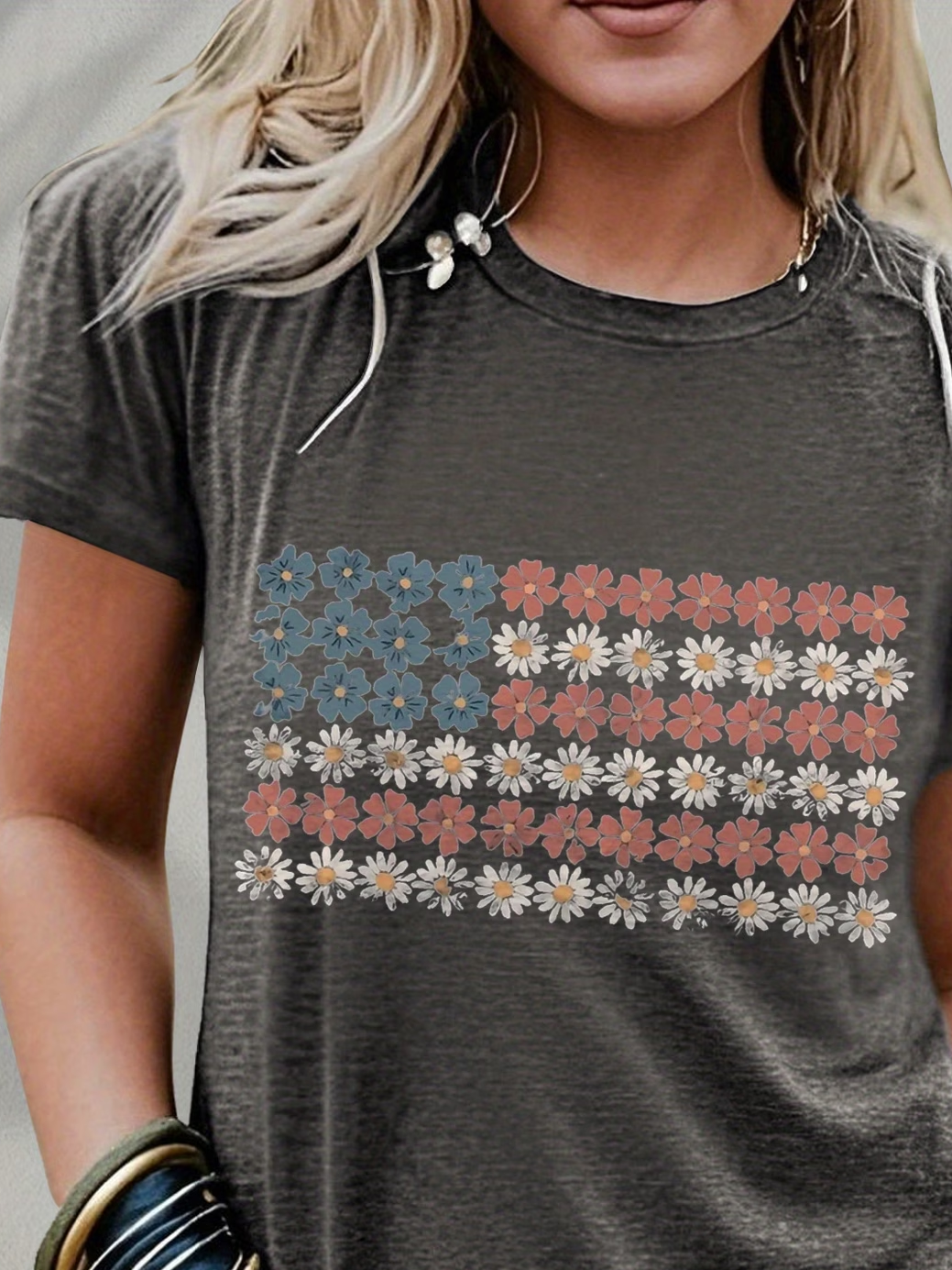 Women's Short Sleeve T-shirt Summer Gray America Flag Printing Jersey Crew Neck Daily Going Out Casual Top