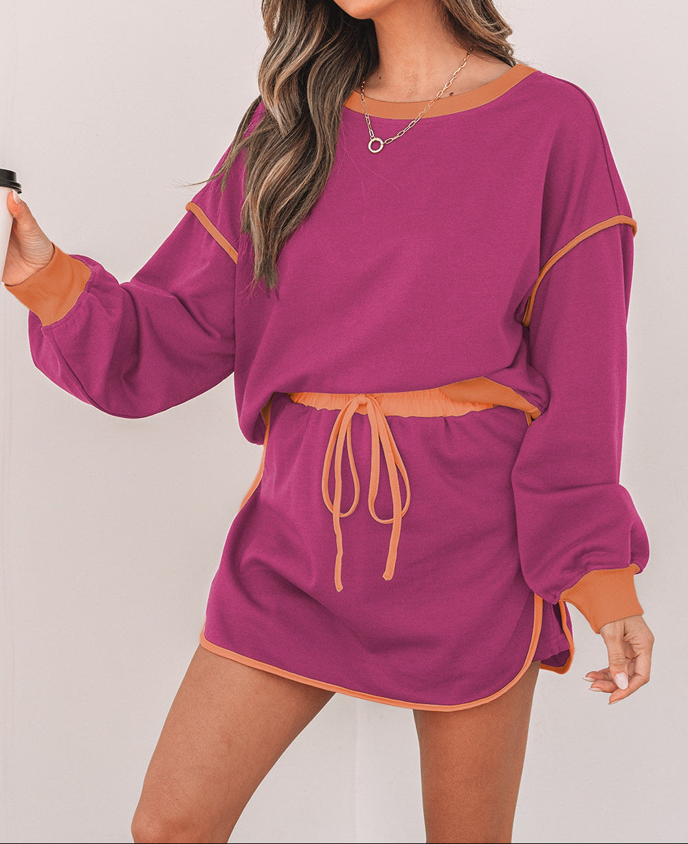 Rose Red Color Contrast Loose Pullover and Lace-up Waist Skort Set