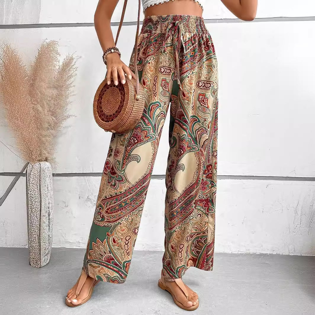 Printed Elastic Waist Wide-Leg Pants | Summer Casual Travel Trousers