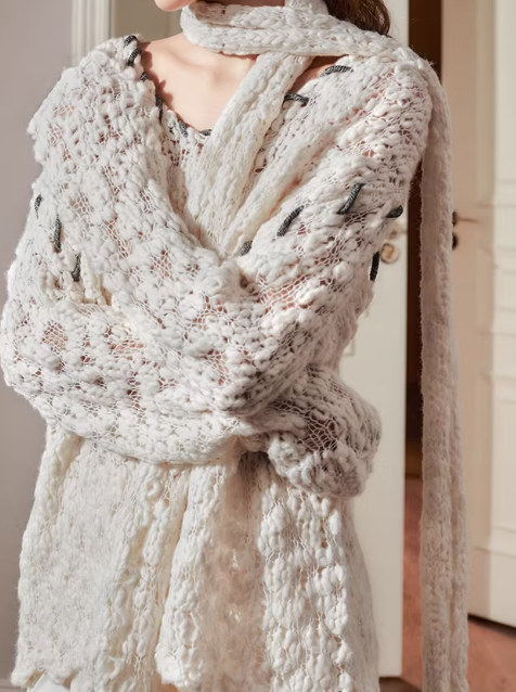 Distressed Cashmere Pearl-Draped Openwork Knit Top