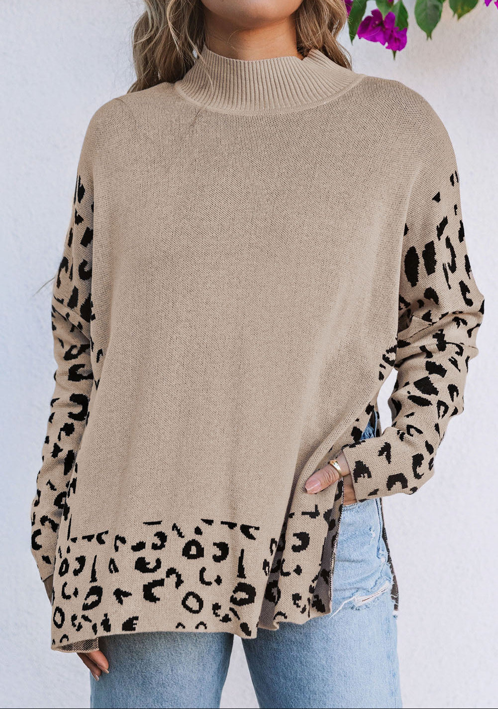 Khaki Leopard High Neck Side Slit Oversized Sweater
