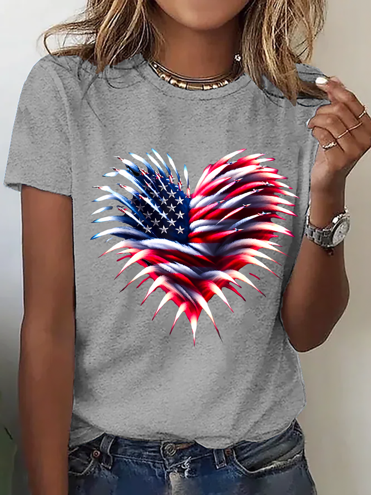 Independence Day Flag Heart Fireworks Cotton T-Shirt