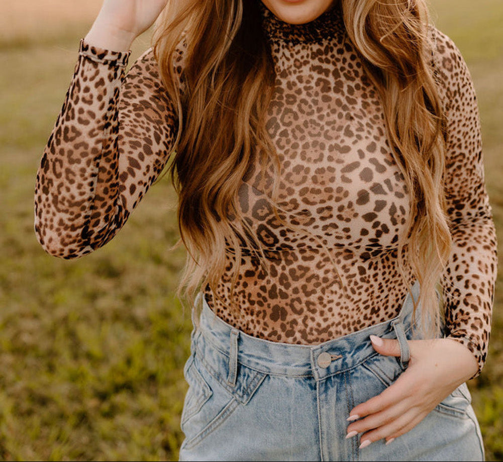Brown Leopard Smocked Neck Mesh Long Sleeve Bodysuit
