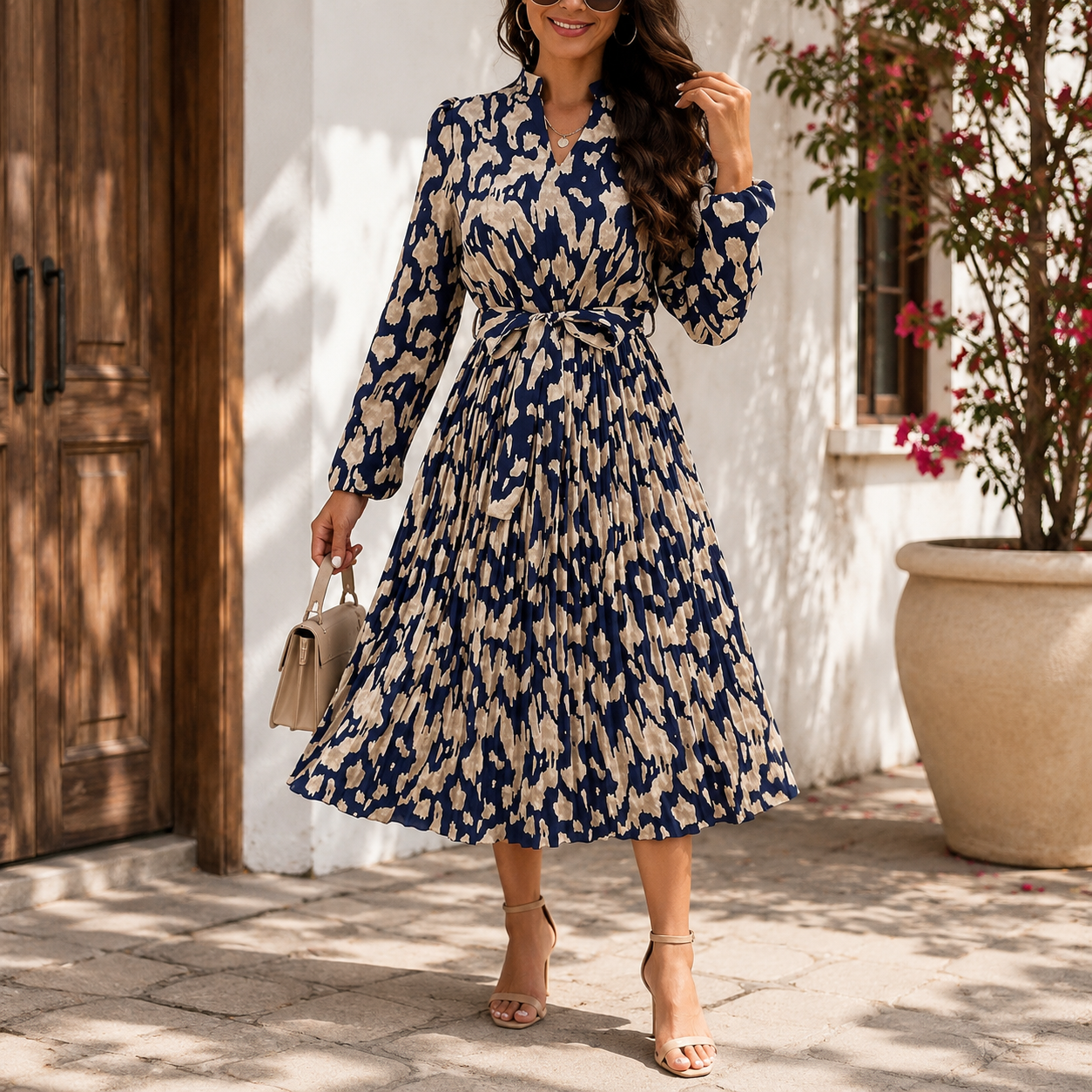 Autumn Ruched Printed V-Neck Long Sleeve Dress | Pullover Fall Boutique Dress