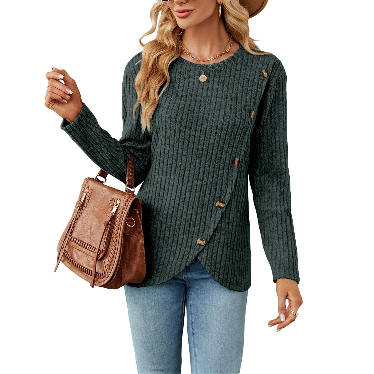Brushed Rayon Crew Neck Tulip Hem Long Sleeve Top | Soft Layering Boutique Top
