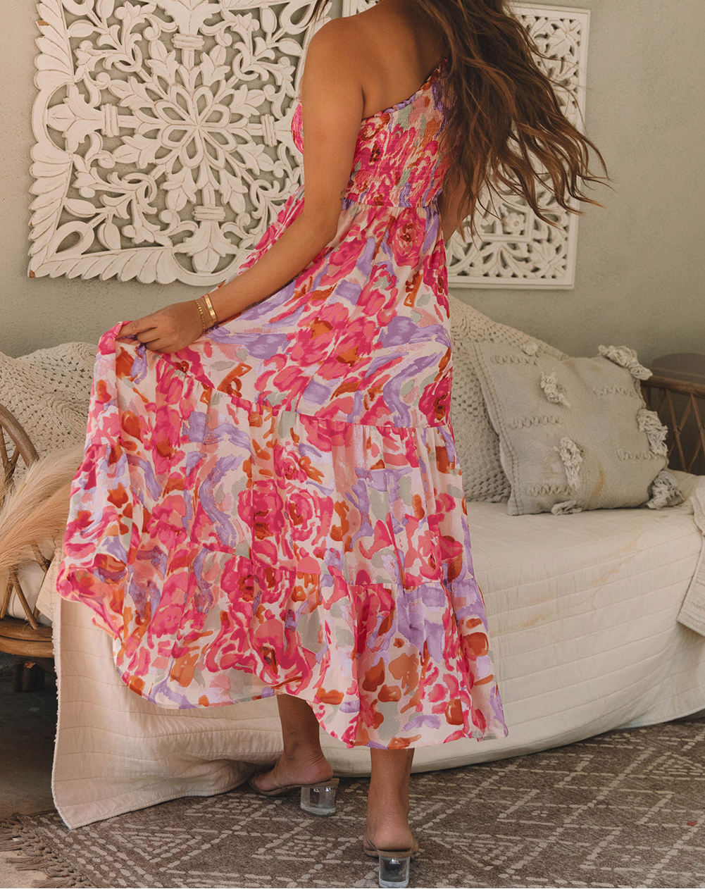Pink Abstract Floral Print Shirred One Shoulder Maxi Dress