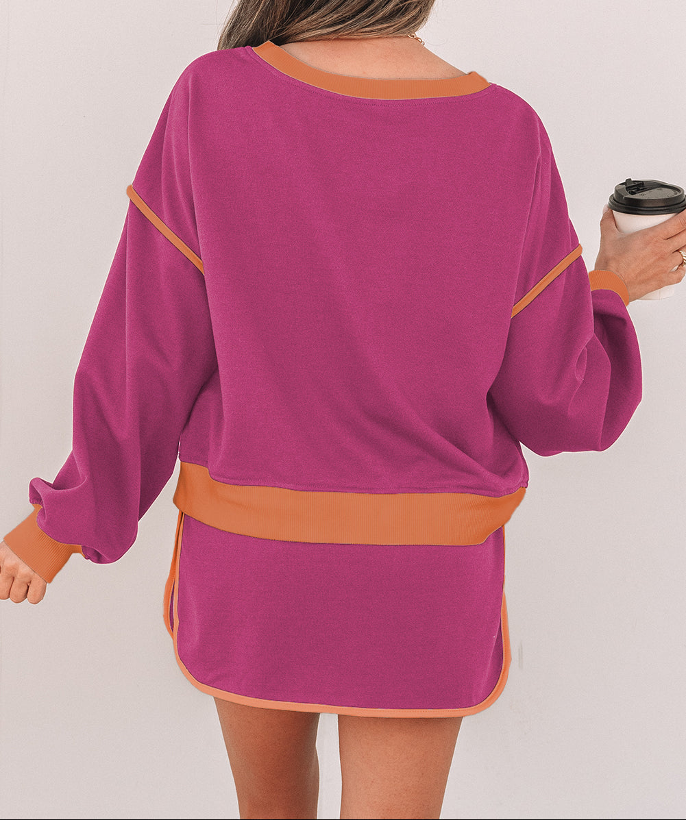 Rose Red Color Contrast Loose Pullover and Lace-up Waist Skort Set