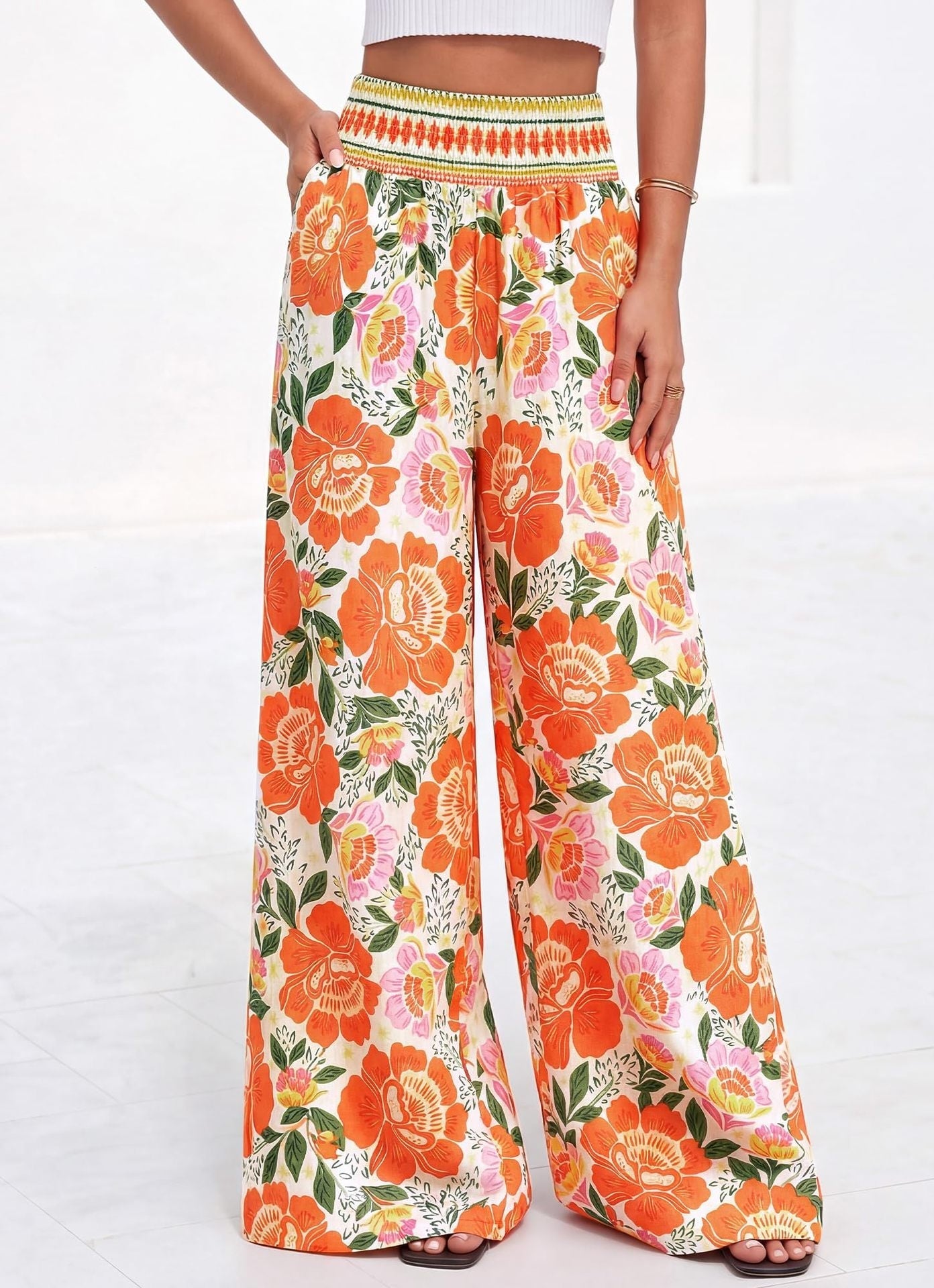 Printed High-Waist Wide-Leg Pants | Casual Comfortable Travel Trousers