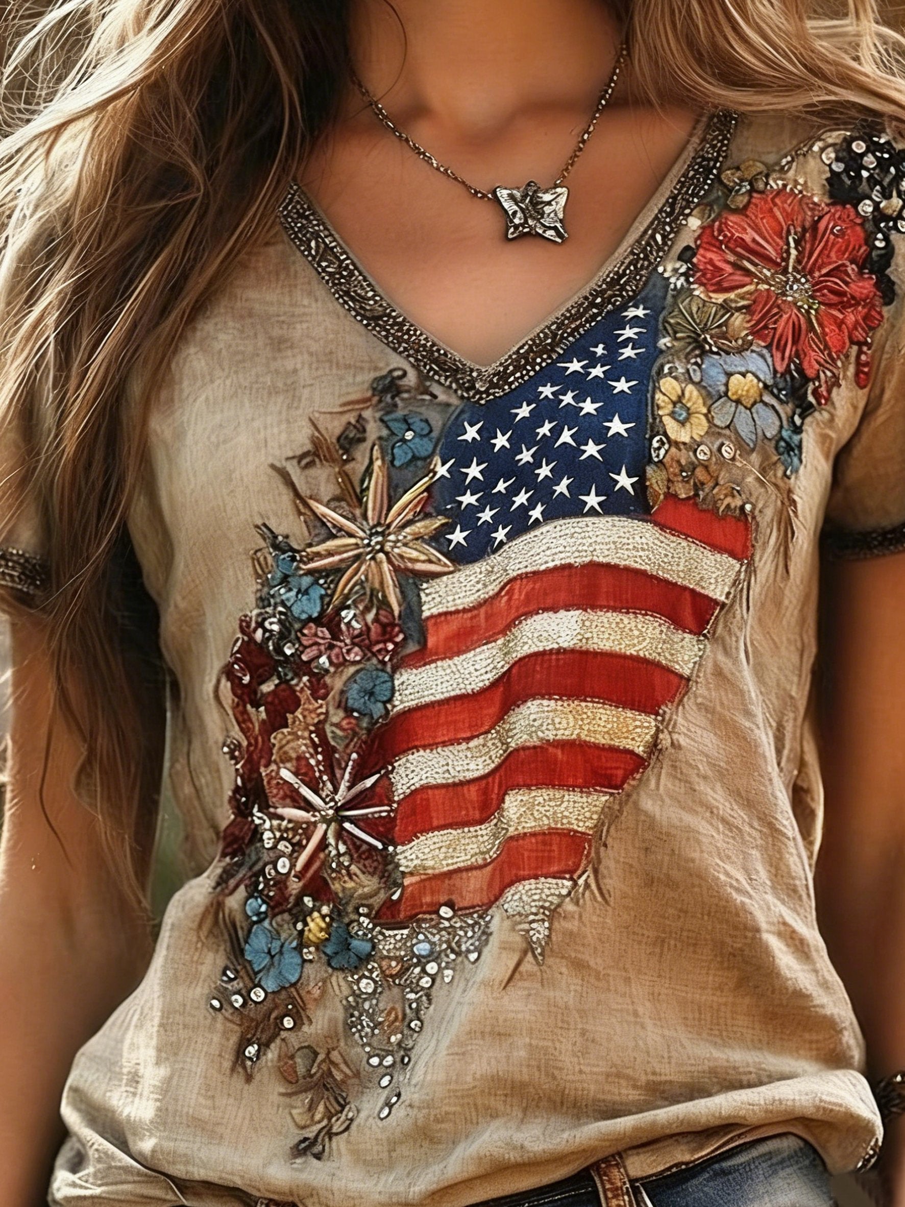 250th Anniversary V Neck America Flag Embroidery Roes Summer Linen Look Vintage  Casual T-Shirt