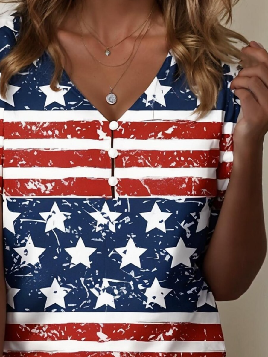 Women's American Flag Print Casual Cotton V-Neck Pearl Button T-Shirt