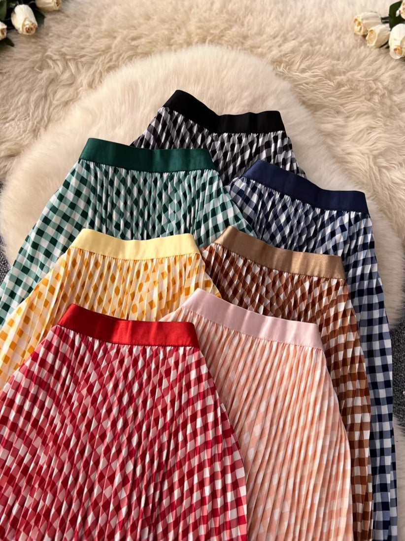 Plaid Floral Wavy Pleated Maxi Skirt | High-Waist Cotton-Blend Skirt