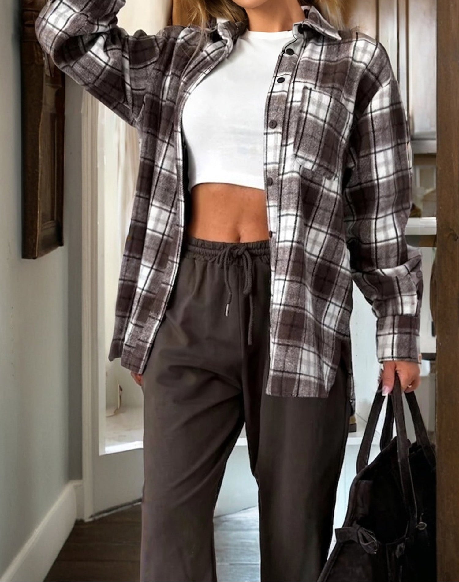 Dark Brown Flanel Plaid Single Chest Pocket Boyfriend Shacket
