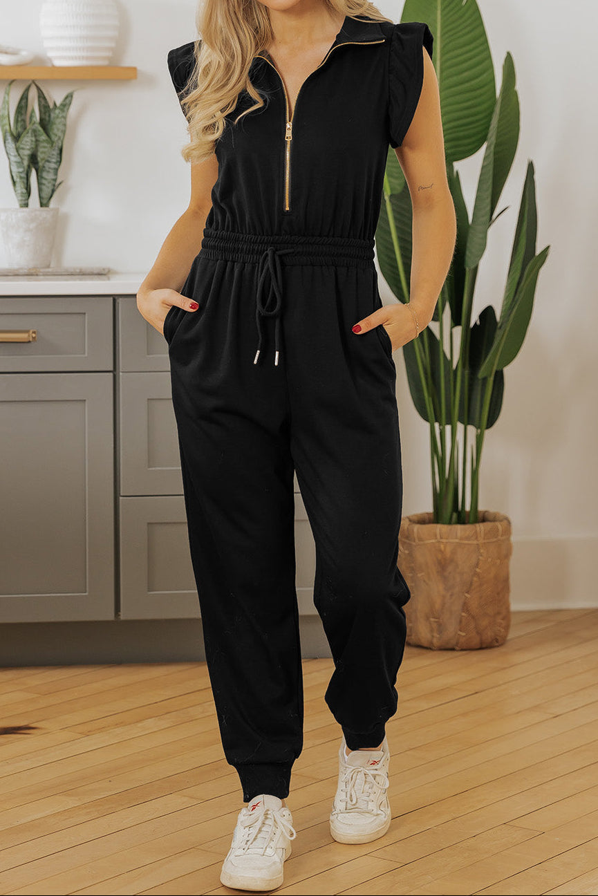 Black Zipper Flutter Sleeve Drawstring Elastic Waistband Jumpsuit