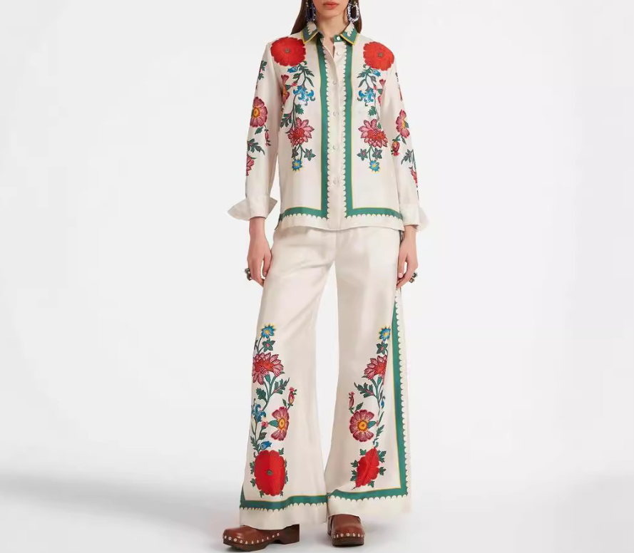 Floral Collared Long Sleeve Loose Two Piece Set