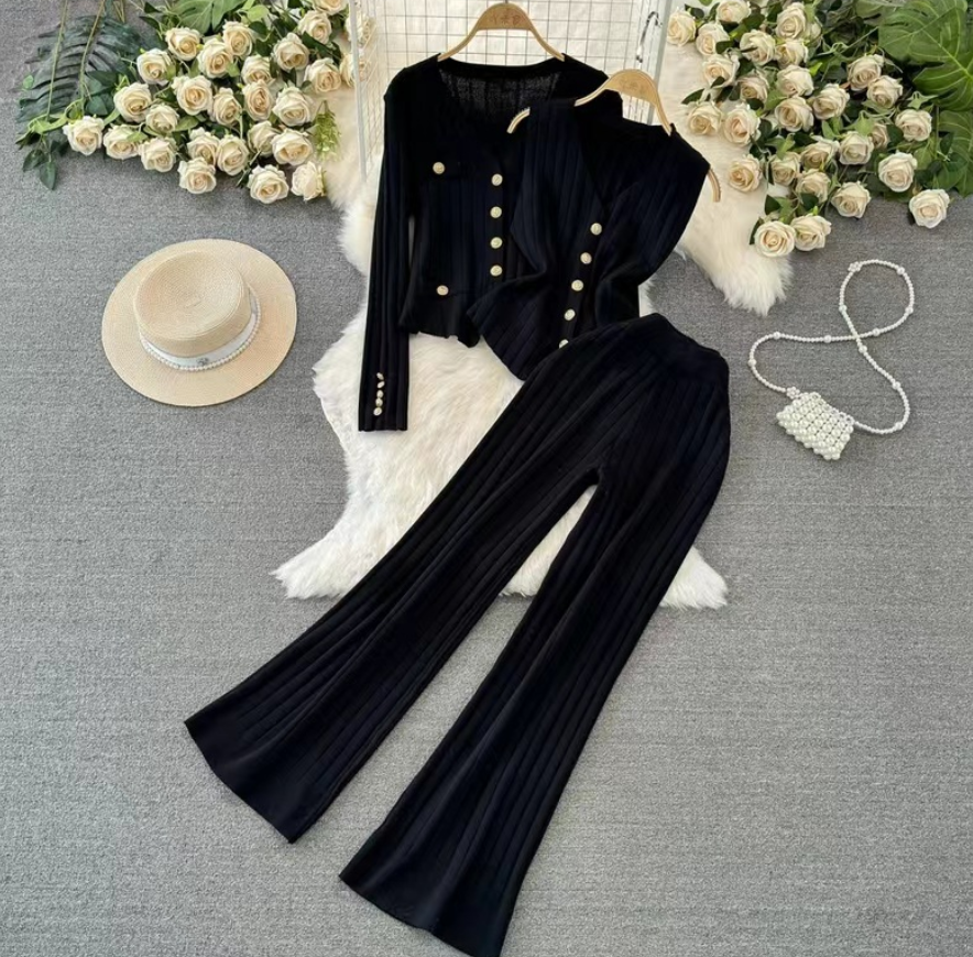 Ribbed Slim Fit Short Top and Pants Three-Piece Set