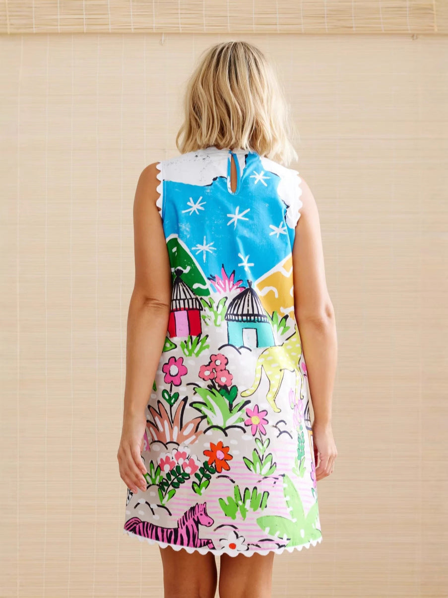 Linen Printed Sleeveless Tank Dress | Lightweight Summer Vacation Dress
