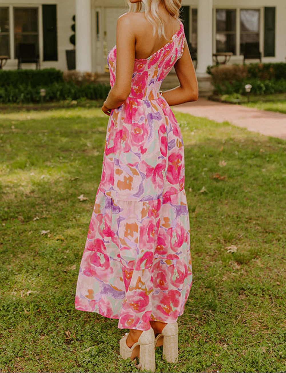 Pink Abstract Floral Print Shirred One Shoulder Maxi Dress