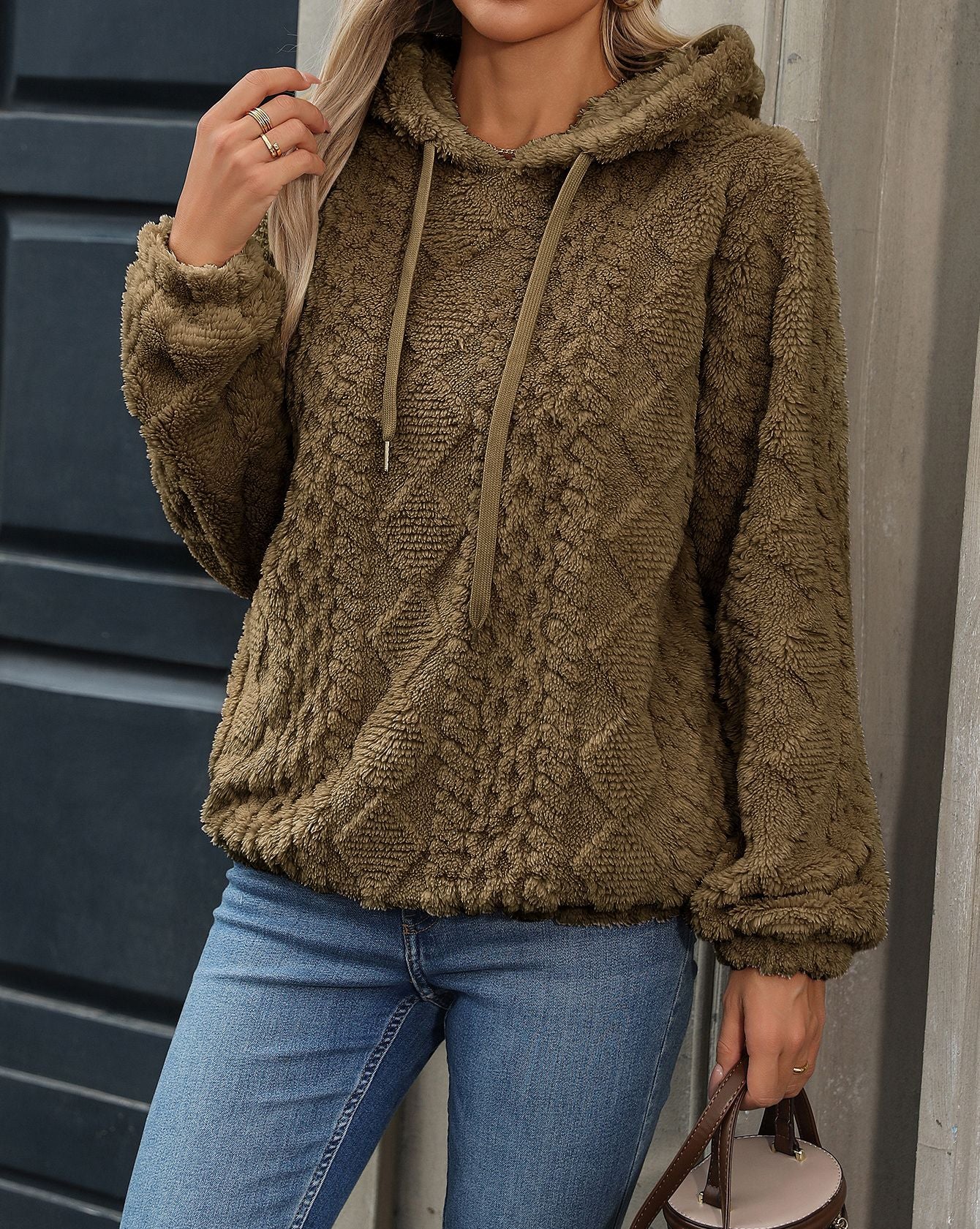 Plush Jacquard Hooded Pullover Sweatshirt | Cozy Loose Fit Casual Hoodie
