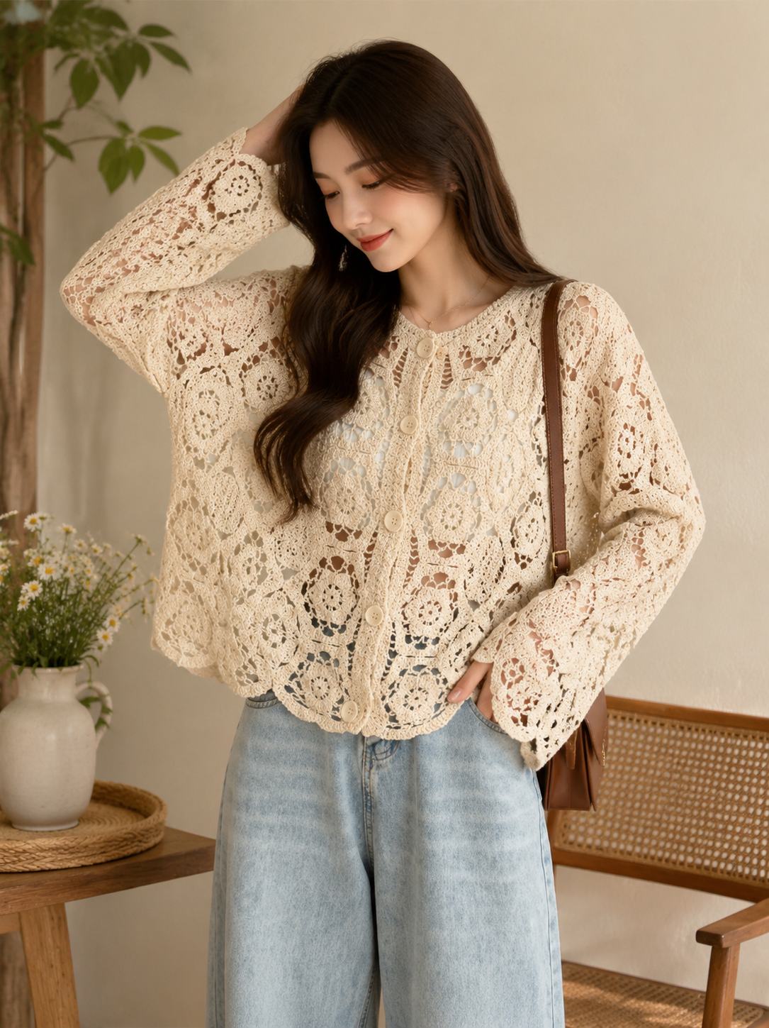 Vintage Jacquard Crochet Patchwork Knit Cardigan Top