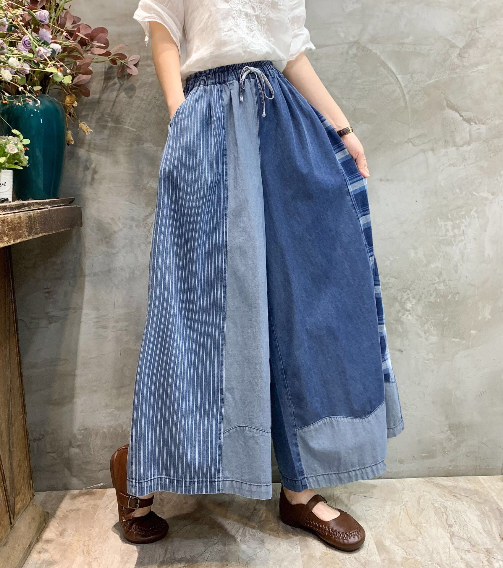 Patchwork Wide-Leg Denim Pants | Elastic Waist Drawstring Vintage Trousers