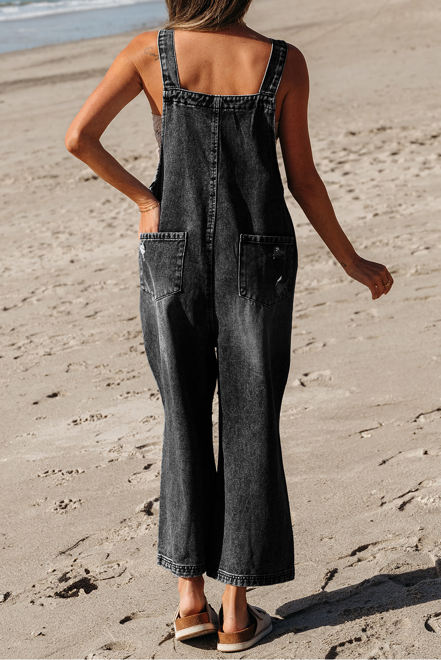 Black Distressed Bib Pocket Wide Leg Denim Overall